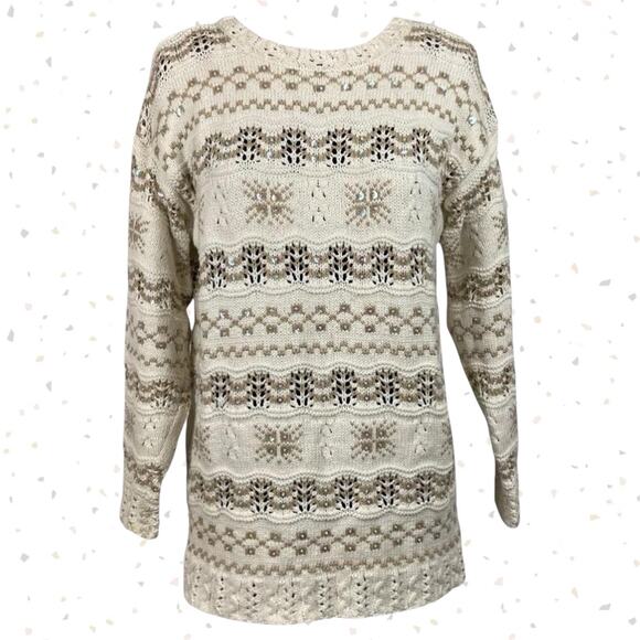 Vintage Chunky Knit Cozy Sweater Winter Fair Isle Style Stripe Sequin Lizsport S - Picture 1 of 7